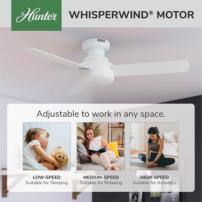 Hunter 44 inch Indoor Ceiling Fan No Light - White Modern Ceiling Fan without Light, 3 Blades, Low Profile Mount, For Bedroom, Living Room, or Kitchen, Wall Control - Presto 52402, Matte White | Flush-mount housing fits rooms under 9 ft; SureSpeed high...