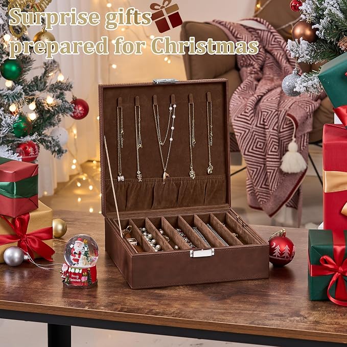 BEWISHOME Jewelry Boxes for Women, 2-Layer Necklace Organizer Box, Modern Style Jewelry Organizers and Storage with Removable Pad, Mothers Day (Brown SSH31Z)