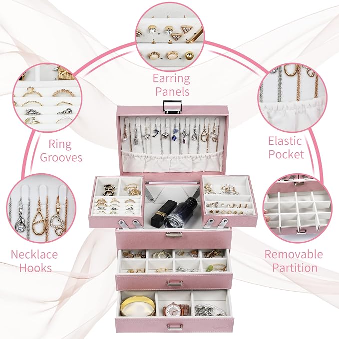 Dajasan Jewelry Boxes for Women Girls, Jewelry Storage Organizer, 4 Layers Large Jewelry Organizer Box with 2 Drawers for Friends, Wife or Mother Gift (Pink)
