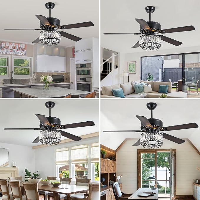 Kviflon Farmhouse Crystal Ceiling Fans with Lights and Remote, 52 Inch Chandelier Ceiling Fans, Black Fandelier Ceiling Fan for Bedroom Living Room, Quiet DC Motor, Reversible, Bulb not Included