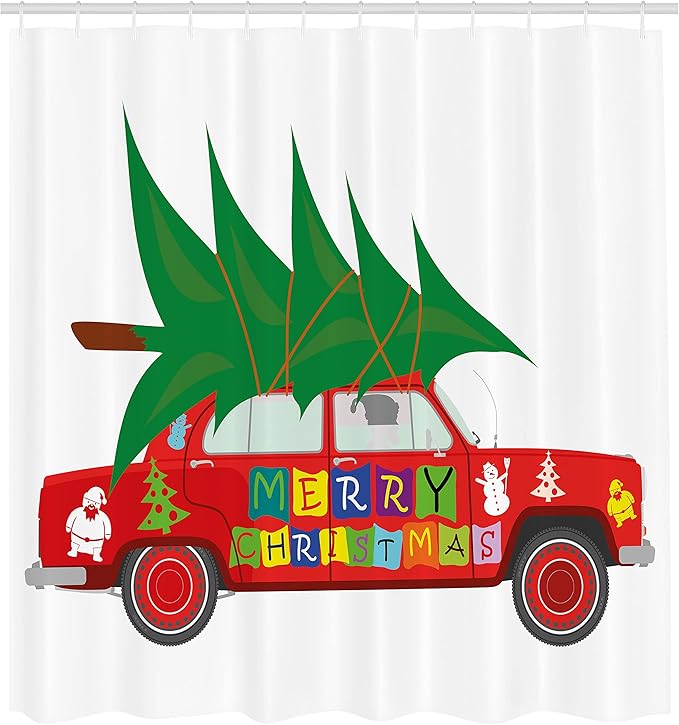 Ambesonne Christmas Shower Curtain, Red Vintage Car Xmas Tree Merry Celebration Words and Snowman Elf, Cloth Fabric Bathroom Decor Set with Hooks, 69" W x 70" L, Red Green