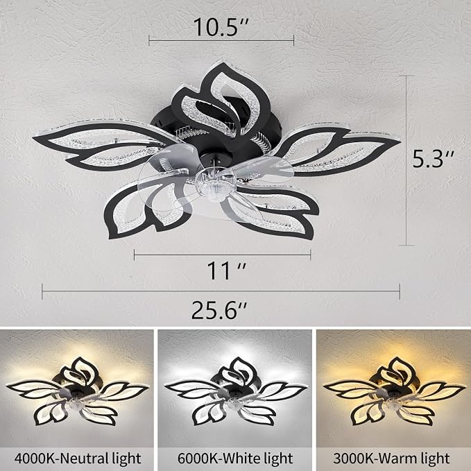 25" Black Geometric Ceiling Fan with Lights and Remote Control, 3 Light Color 6 Speeds Flush Mount Low Profile Ceiling Fan for Bedroom Kitchen