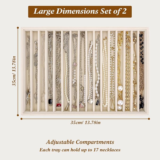 Large Velvet Jewelry Tray 2 Pack, Stackable Jewelry Display Drawer Inserts Trays, 16 Grids Jewelry Organizer for Earrings, Bracelets, Necklaces, Rings, Beige
