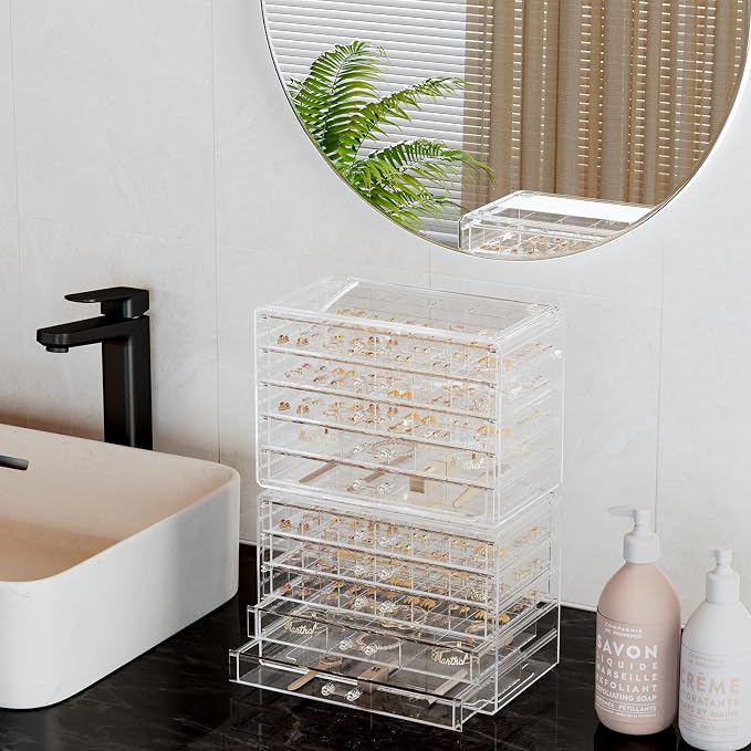 ProCase Acrylic Earrings Holder Organizer Box -Clear, 10 Layers | 158 Jewelry Storage Grid Large Clear Compartments Transparent Stackable Drawers Jewelry Display for Earring Ring Bracelet