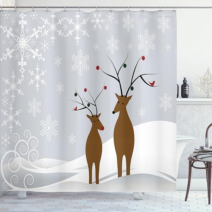 Ambesonne Christmas Shower Curtain, Reindeers at Noel Time Yule with Snowflakes in Winter Santa Print, Cloth Fabric Bathroom Decor Set with Hooks, 69" W x 70" L, Brown Pale Grey White