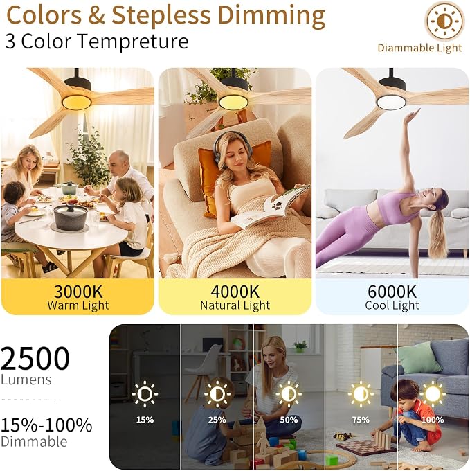 Wood Ceiling Fan with Lights,52Inch Ceiling Fans with Remote Control,Dimmable Light,3 CCT,6 Speeds,Noiseless DC Motor,2 downrod,Ceiling Fan for Bedroom,Living Room,Indoor