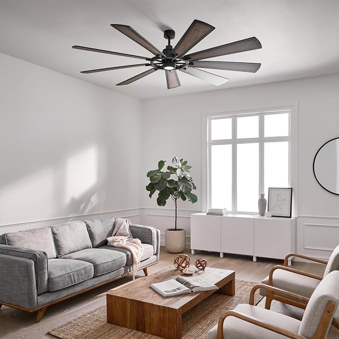 Kichler Gentry XL 85" Ceiling Fan with Lights, 1-Light LED, 3000K, 9 blade Modern Industrial Fan in Distressed Black, (85" W x 16.5" H), 300285DBK