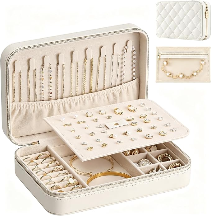 Lolalet Travel Jewelry Case for Women Girls, PU Leather Jewelry Organizer with Clear Storage Bag Small Portable Jewelry Box for Necklace Bracelet Earring Ring Birthday Bridesmaid Gifts -Large/Beige