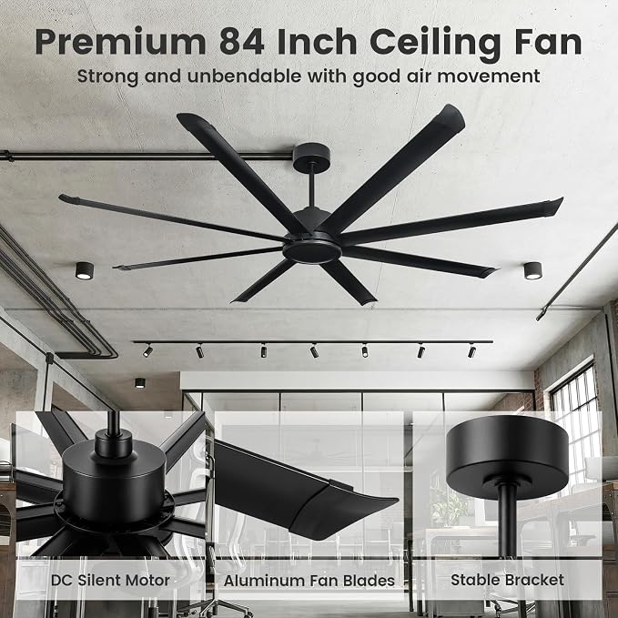 84 Inch HVLS Industrial Ceiling Fan, Large Ceiling Fan with Remote Control, 13500 CFM High Airflow Commercial Fan for Garage Gym Shop Warehouse, Quiet DC Motor, 6 Speeds, 8 Aluminum Blades