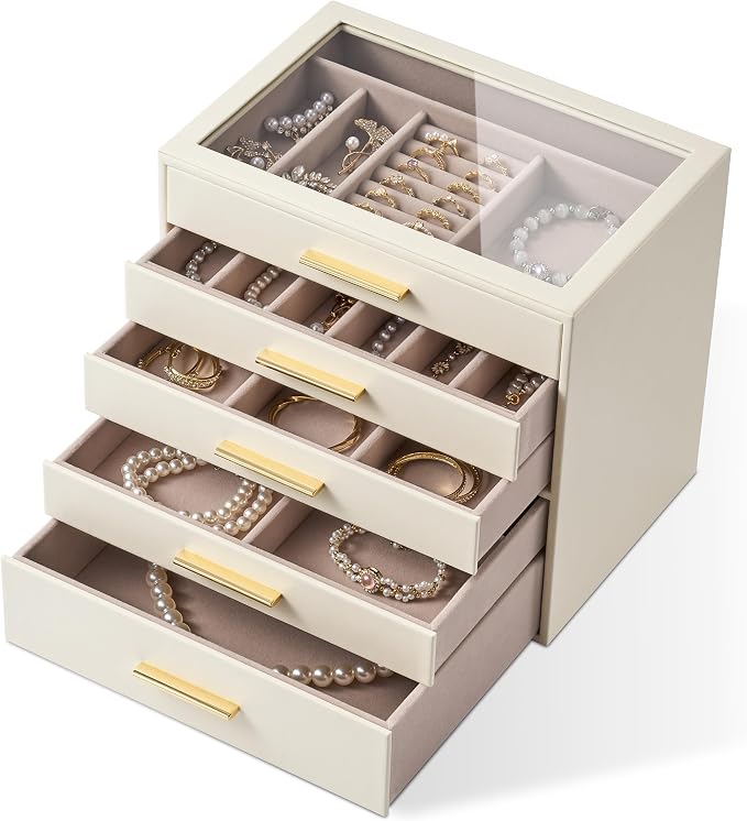 pickpiff Jewelry Box Organizer Case for Women: 5-Layer Jewelry Storage Case with Glass Window, Ivory Leather with Pink Velvet, Holder for Ring Necklace Bracelet Brooch Watch, Great Gift for Her