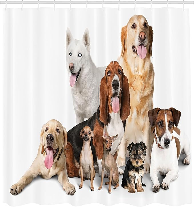 Ambesonne Dog Lover Shower Curtain, Group of Dogs Posing for Photo Shoot Portrait Togetherness Companionship Print, Cloth Fabric Bathroom Decor Set with Hooks, 69" W x 70" L, Brown Beige