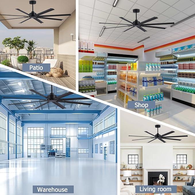 96 Inch Ceiling Fans No Light, Large Industrial Ceiling Fan with 8 Aluminium Blades, Quiet DC Motor, 6 Speeds, Modern Ceiling Fan without Light for Garage/shop/living room,Black