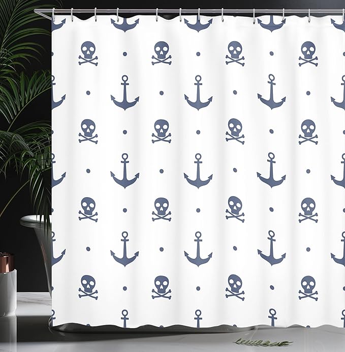 Ambesonne Marine Shower Curtain, Anchors and Skulls Crossed Bones Dots Pirate Horror Fear Seaman Illustration Art, Cloth Fabric Bathroom Decor Set with Hooks, 69" W x 70" L, Navy Blue