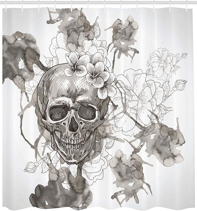 Ambesonne Day of The Dead Shower Curtain, Painting Skull Flowers Dia de Los Muertos Designed Print, Cloth Fabric Bathroom Decor Set with Hooks, 69" W x 84" L, Dimgrey and White
