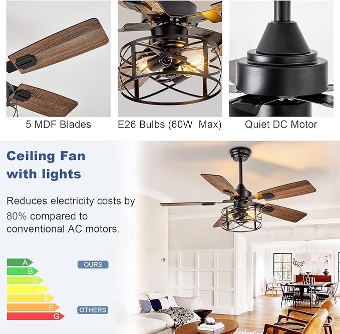 Depuley 42-Inch Ceiling Fans with Lights: Caged Ceiling Fans Dual Finish 5 Blades - Rustic Ceiling Fan with Remote Control for Farmhouse Living Room Outdoor Porch Noiseless (Black Walnut)