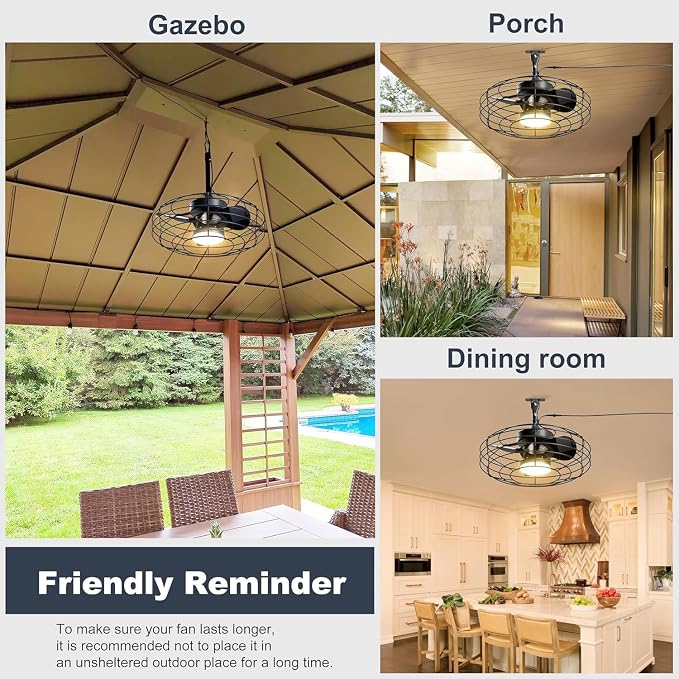 Coolbull 20'' Black Outdoor Ceiling Fans with Light for Gazebos, Patios | IP63 Waterproof, Plug and Play, Remote/APP Control, 3 CCT Dimmable, Enclosed Caged Fan with Hanging Hook