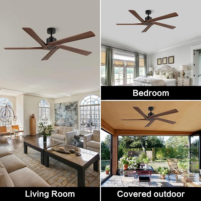WINGBO 54 Inch DC Ceiling Fan without Lights, 5 Reversible Carved Solid Wood Blades, 6-Speed Noiseless DC Motor, Ceiling Fan No Light with Remote, Matte Black Finish with Walnut Blades, ETL Listed