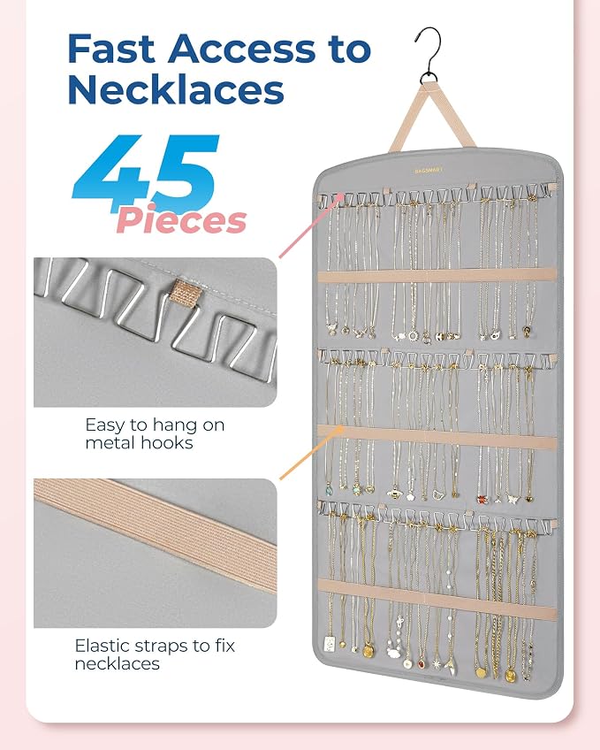 BAGSMART Hanging Jewelry Organizer, Necklace Holder Anti-tangle 1 Piece, Extra Large Grey