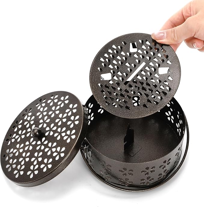 ZENFUN 2 Pack Iron Coil Holders with Lid and Handle, Bronze Incense Coil Burner with Lid, Retro Portable Coil Holder for Camp Use, Indoor, Outdoor, Fireproof, 5.7 Inches Diameter