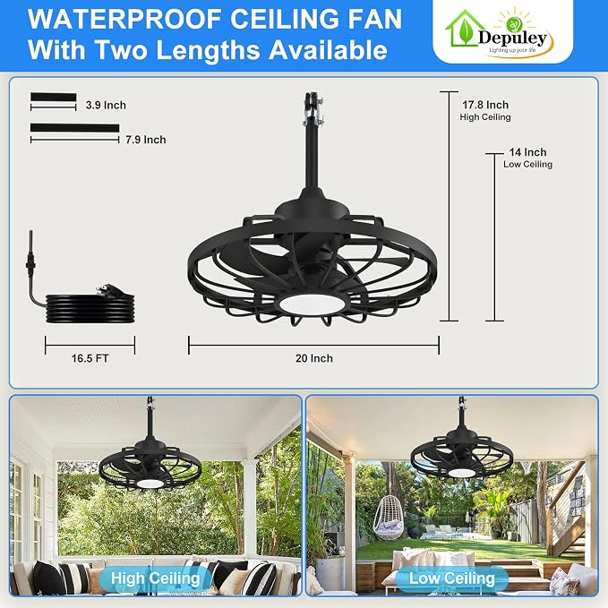 Depuley Gazebo Fans Outdoor Hanging: 20 Inch Black Plug In Caged Outdoor Fan with Light and APP Remote Control - Waterproof Ceiling Fan for Patio Porch Pergola Reversible DC Motor