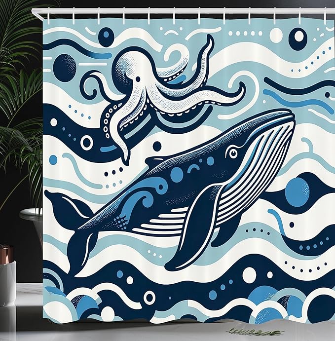 Ambesonne Nautical Shower Curtain, Simple Cartoon Illustration of Funny Ocean Waves Whale and Octopus Characters, Cloth Fabric Bathroom Decor Set with Hooks, 69" W x 75" L, Sea Blue White