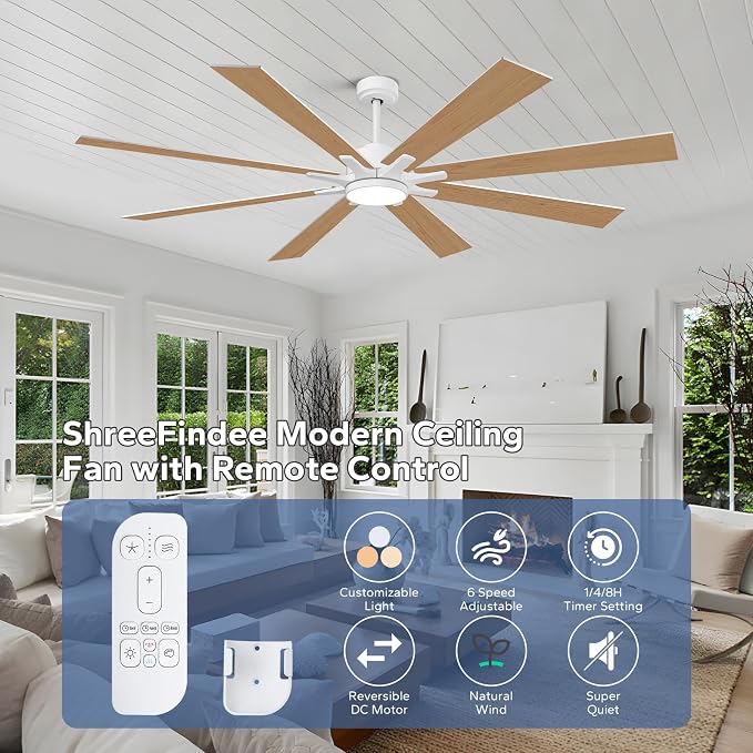 72 Inch White Ceiling Fans with Lights, Indoor Outdoor Ceiling Fans for Patios with Remote, 8 Double-Finish Blades, 5-CCT, Large CFM Quiet Reversible DC Fan for Living Room Gazebo