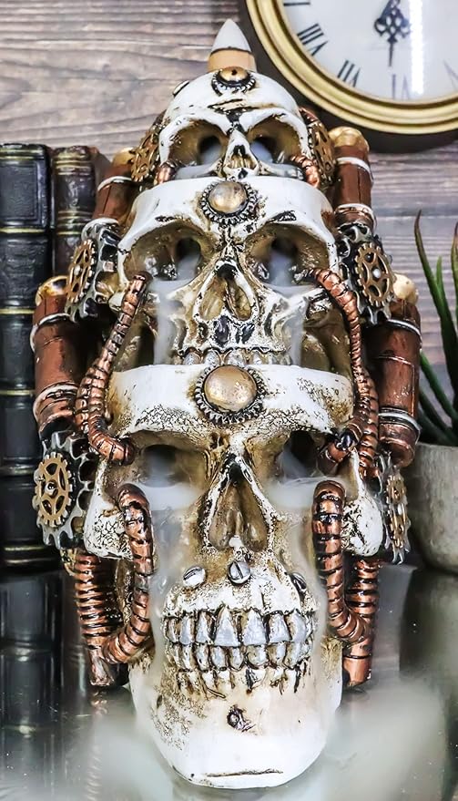 Ebros Gift Steampunk Geared Clockwork Pipework Trio Morphing Skulls Smoke Waterfall Backflow Incense Cone Tower Holder Burner Gothic Statue Home Fragrance Accessory Accent Figurine