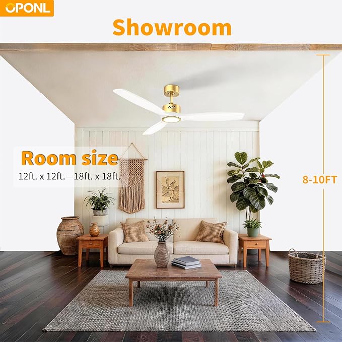 OPONL Ceiling Fan with Light, Ceiling fan with Light and Remote Control, Reversible, 6CCT, Dimmable, Noiseless, Ceiling Fan for Bedroom, Indoor/Outdoor Use, White, 52 inch, Wood