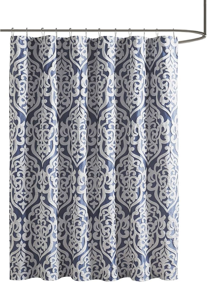 Madison Park Odette Fabric Shower Curtain Luxe Textured Jacquard, Damask Medallion Machine Washable Modern Home Bathroom Decor, Bathtub Privacy Screen, 72" x 72", Navy/Silver