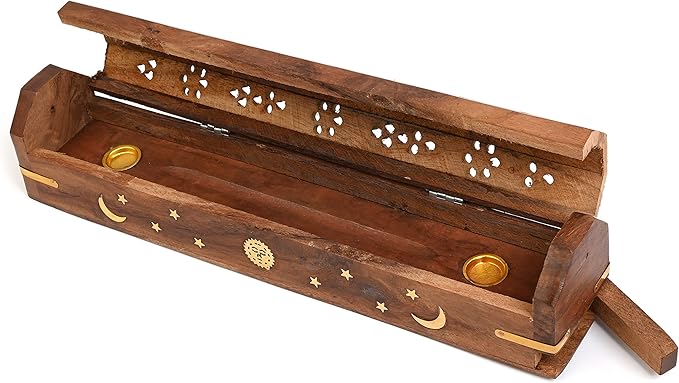 Incense Garden Pack of 2 Incense Stick Holder - Coffin Style - Wood Incense Stick Burner with Sun Moon Star Inlays Handmade with Brass Inlays (Natural)