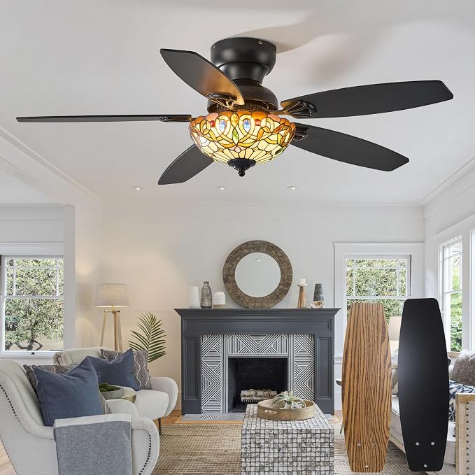 Tiffany Ceiling Fans with Lights - 48" Ceiling Fan Chandelier with 5 Dual-Blades and Glass Shade, 6 Speeds and Reversible, Indoor and Outdoor, Retro Style