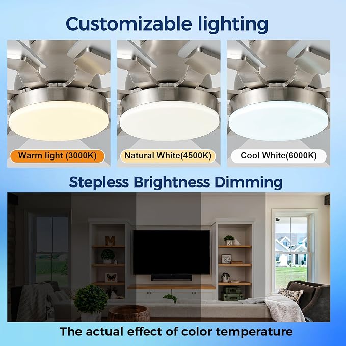 JSAITEE 52Inch Ceiling Fan with Lights Flush Mount Low Profile, Nickel | Ceiling Fans,DC Reversible Motor Noiseless, 3CCT Dimmable, Dual Finish, 6 Speeds Ceiling Fan for Indoor/Outdoor