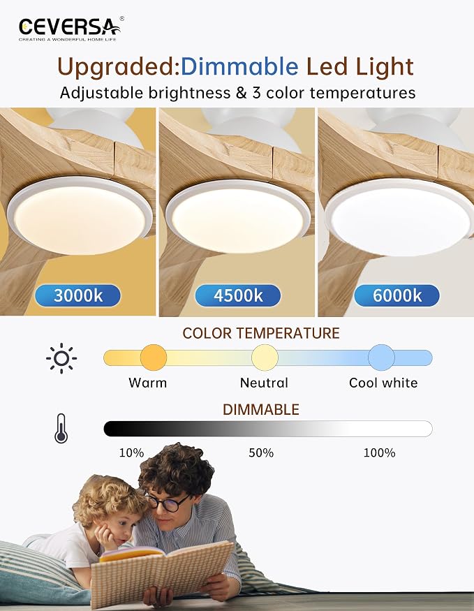 52 Inch Flush Mount Ceiling Fans with Lights and Remote,Low Profile Natural Wood 3 Blade Ceiling Fan,Dimmable,Quiet Noiseless DC Motor for Patios,Living Room,Bedroom(Wall Control Switch)