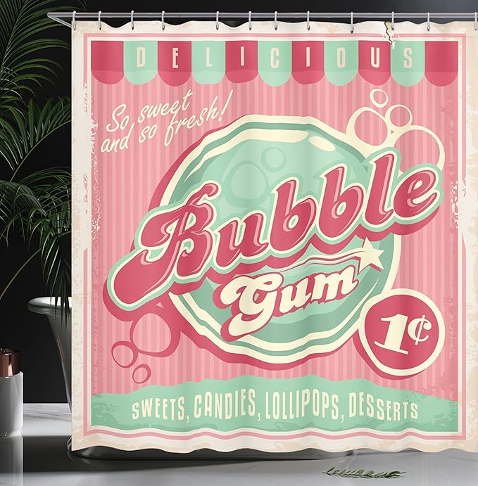Ambesonne 1950s Shower Curtain, Bubble Gum Tasty Candy Lollipop Sugar Advertise Poster Style, Cloth Fabric Bathroom Decor Set with Hooks, 69" W x 84" L, Pink Magenta