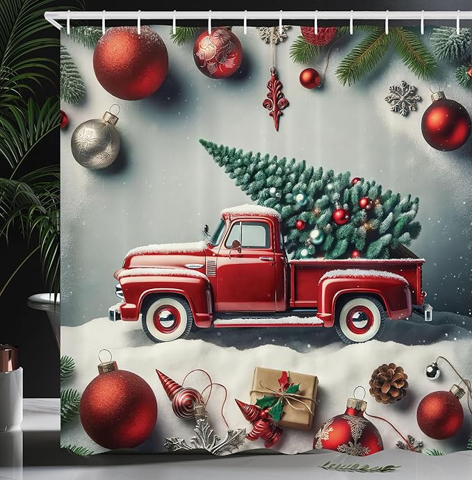 Ambesonne Christmas Shower Curtain, Vintage Red Truck with a Pine Tree and Holiday Season Ornaments Snowy Winter, Cloth Fabric Bathroom Decor Set with Hooks, 69" W x 70" L, Grey Teal Ruby