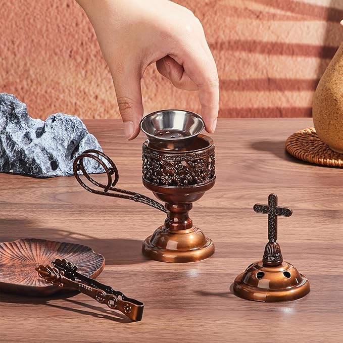 Zonon 2 Sets Incense Burner with Tong, Frankincense Charcoal Incense Stand Holder, Ideal for Yoga, Spa, Aromatherapy, Home and Christian Church Censer (Red Copper,Classic)