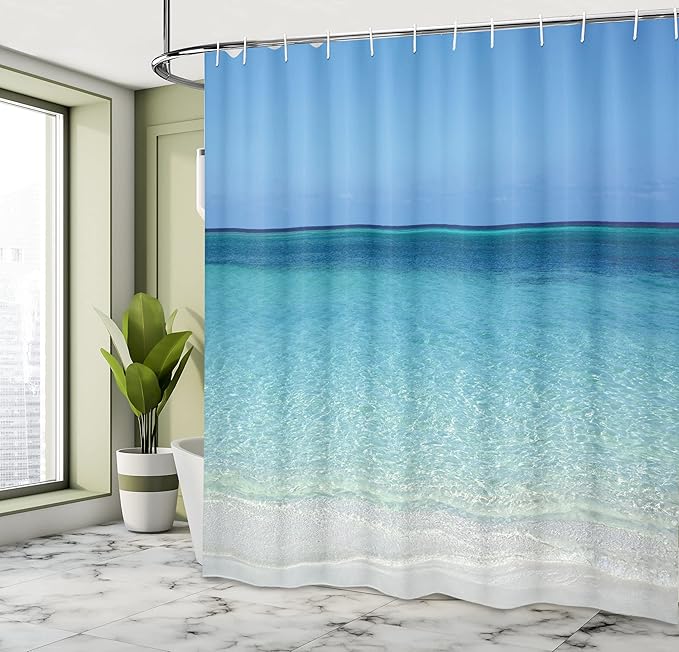Ambesonne Ocean Shower Curtain, Clear Water at Beach in Atlantic Sea Cuba Coasts with Sky Scenery Art, Cloth Fabric Bathroom Decor Set with Hooks, 69" W x 70" L, Cream Turquoise