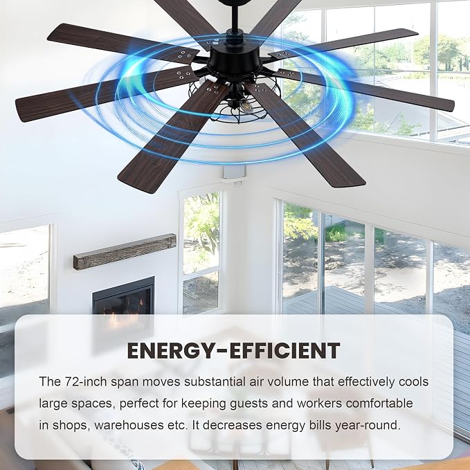 72 Inch Ceiling Fans with Lights Black Farmhouse Ceiling Fan with Remote for Living Room Large Caged Chandelier Fan 5*E26 Bulbs 6 Speed Reversible Quiet DC Motor Wood Blades (NO Bulbs)