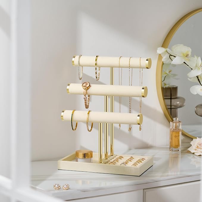 Jewelry Organizer Stand Display, 3 Tier Velvet Bracelet Holder, Beige | Jewelry Organizers and Storage | Jewelry Tree | Jewelry Towers for Necklaces, Bracelets, Earrings, Rings