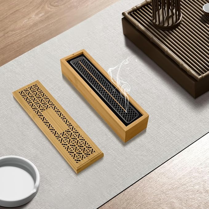 Wooden Incense Holder Burner with Storage - Incense Stick Holder & Ash Catcher for Meditation, Yoga, Bedroom, Study, Office - Exquisite Incense Burner for Home Decor