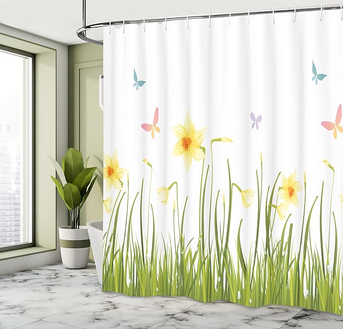 Ambesonne Daffodils Shower Curtain, Daffodil Field with Butterflies Meadow and Grass Springtime Park Easter Print, Cloth Fabric Bathroom Decor Set with Hooks, 69" W x 84" L, Green Yellow