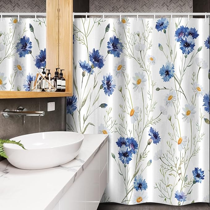 Ambesonne Watercolor Flower Stall Shower Curtain, Wildflowers and Cornflowers Daisies Blooms Flower Buds Art, Fabric Bathroom Decor Set with Hooks, 54" W x 78" L, Green Marigold