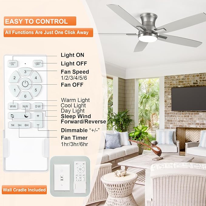 52 Inch Flush Mount Brushed Nickel Ceiling Fan with Light and Remote Control.Noiseless,Dimmable,3CCT,6 Speeds Reversible, Low Profile DC Ceiling Fans for Indoor or Covered Outdoor Use,ETL Listed