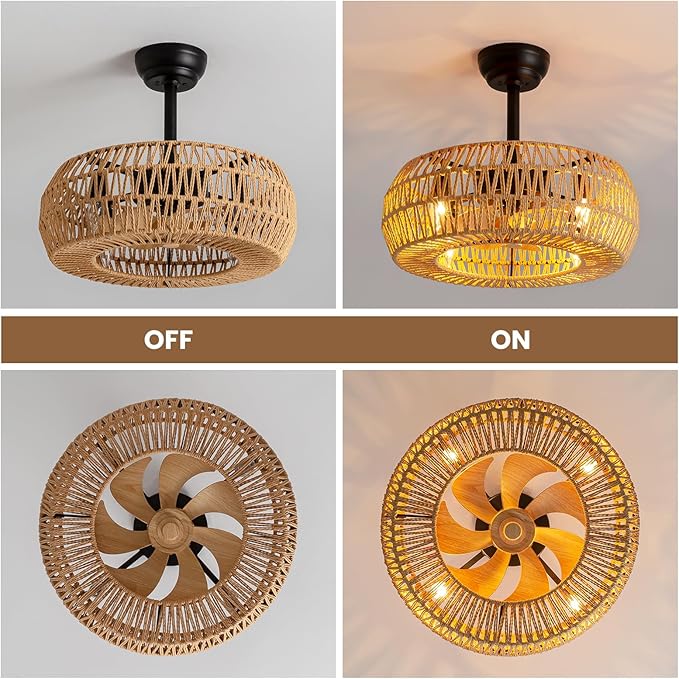 20" Boho Caged Ceiling Fan with Lights Remote Control, Rattan Cage Low Profile Bladeless Ceiling Fan, Farmhouse Ceiling Fans with Light for Kitchen, Bedroom, Dining Room