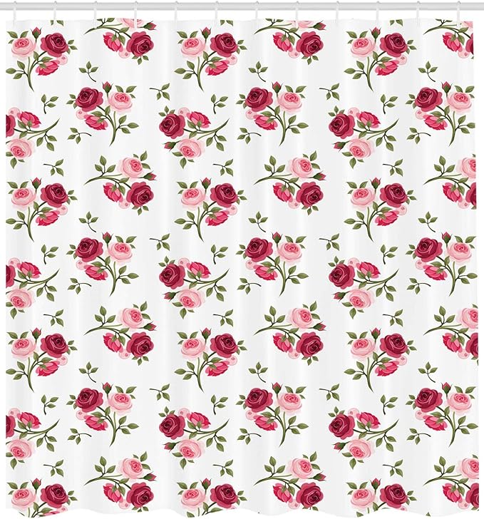 Ambesonne Rose Shower Curtain, Pattern with Rose Stems Flowers Garden Classic English Style Design Print, Cloth Fabric Bathroom Decor Set with Hooks, 69" W x 75" L, Pink Fern
