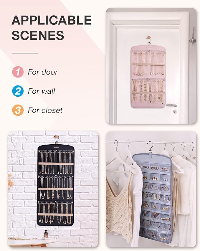 BAGSMART Hanging Jewelry Organizer, Necklace Holder Anti-tangle with 20 Jewelry Storage,1 Piece, Large Pink