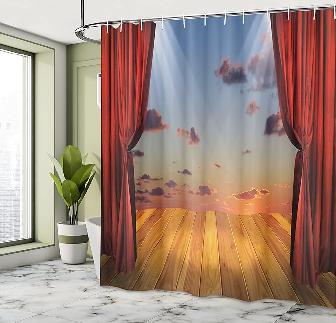 Ambesonne Musical Theatre Shower Curtain, Abstract Dreamlike Fantasy Stage with Drapes Dramatic Cloudy Sunset Sky, Cloth Fabric Bathroom Decor Set with Hooks, 69" W x 70" L, Multicolor
