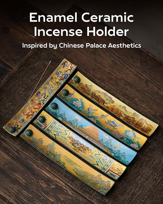 Chinese Incense Stick Holder with Ash Catcher - Ceramic Incense Burner with Ancient Painting, for Zen Meditation, Home Decor & Gift