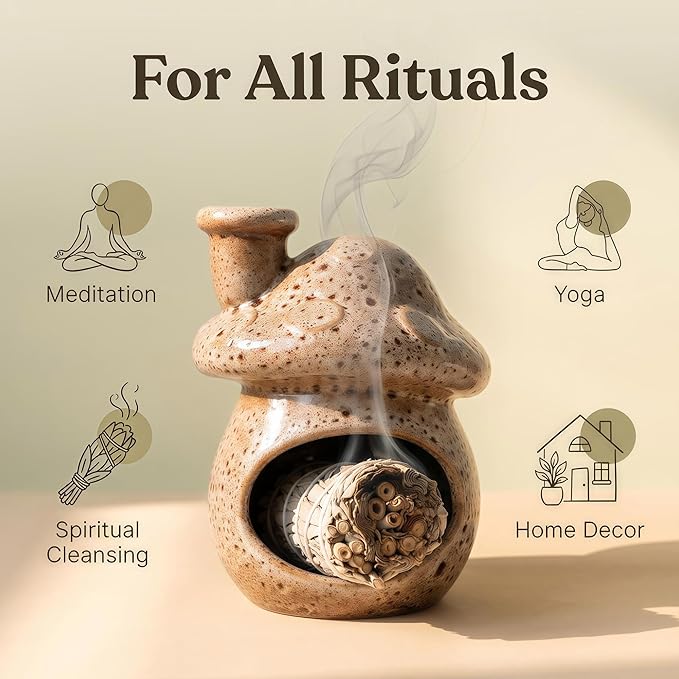 Mushroom Incense Holder, Ceramic Palo Santo Holder – Suitable for Burning Sage & Palo Santo - Mini Chimenea-Style Burner, an Incense Burner for Spiritual Meditation, Yoga or Home Decoration