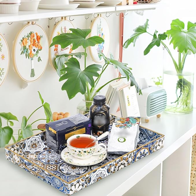 Hiceeden Set of 2 Decorative Serving Trays with Handles, Boho Tea Trays Ottoman Trays for Serving, Modern Plastic Coffee Table Tray for Living Room, Kitchen, Bathroom, Rectangle, Blue